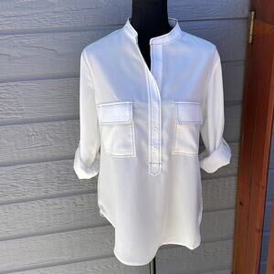 New! Remix semi sheer white convertible blouse with black stitching women’s S